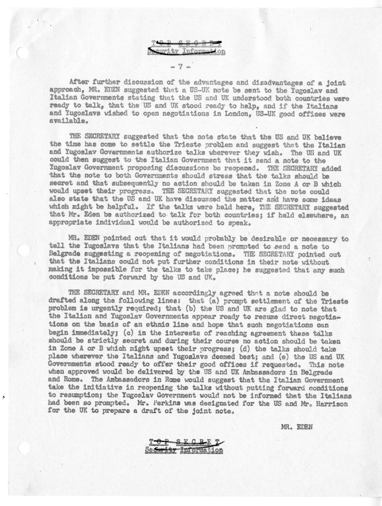 Memorandum of Ministerial Talks with Foreign Secretary Anthony Eden of the United Kingdom, Ambassador Sir Oliver Franks of Great Britain, United States Ambassador to Great Britain Walter Gifford, and Others
