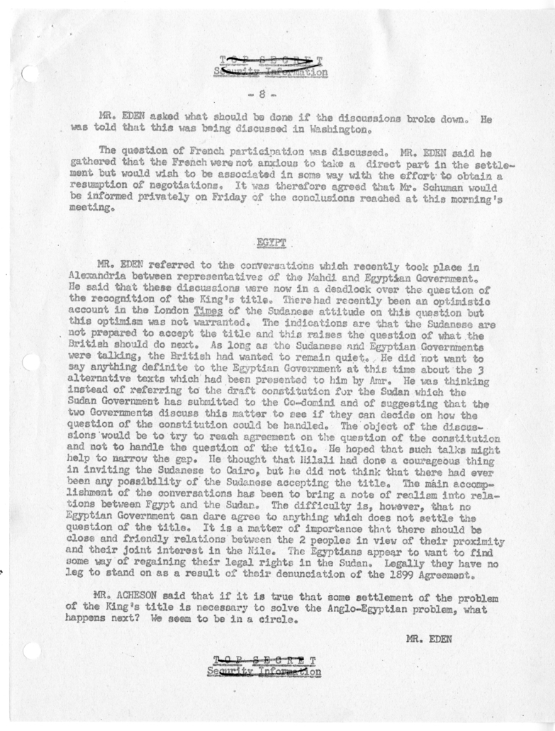 Memorandum of Ministerial Talks with Foreign Secretary Anthony Eden of the United Kingdom, Ambassador Sir Oliver Franks of Great Britain, United States Ambassador to Great Britain Walter Gifford, and Others