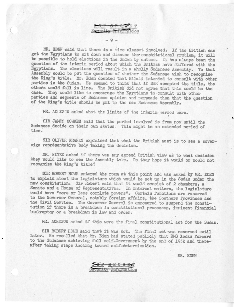 Memorandum of Ministerial Talks with Foreign Secretary Anthony Eden of the United Kingdom, Ambassador Sir Oliver Franks of Great Britain, United States Ambassador to Great Britain Walter Gifford, and Others