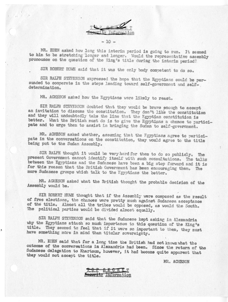 Memorandum of Ministerial Talks with Foreign Secretary Anthony Eden of the United Kingdom, Ambassador Sir Oliver Franks of Great Britain, United States Ambassador to Great Britain Walter Gifford, and Others