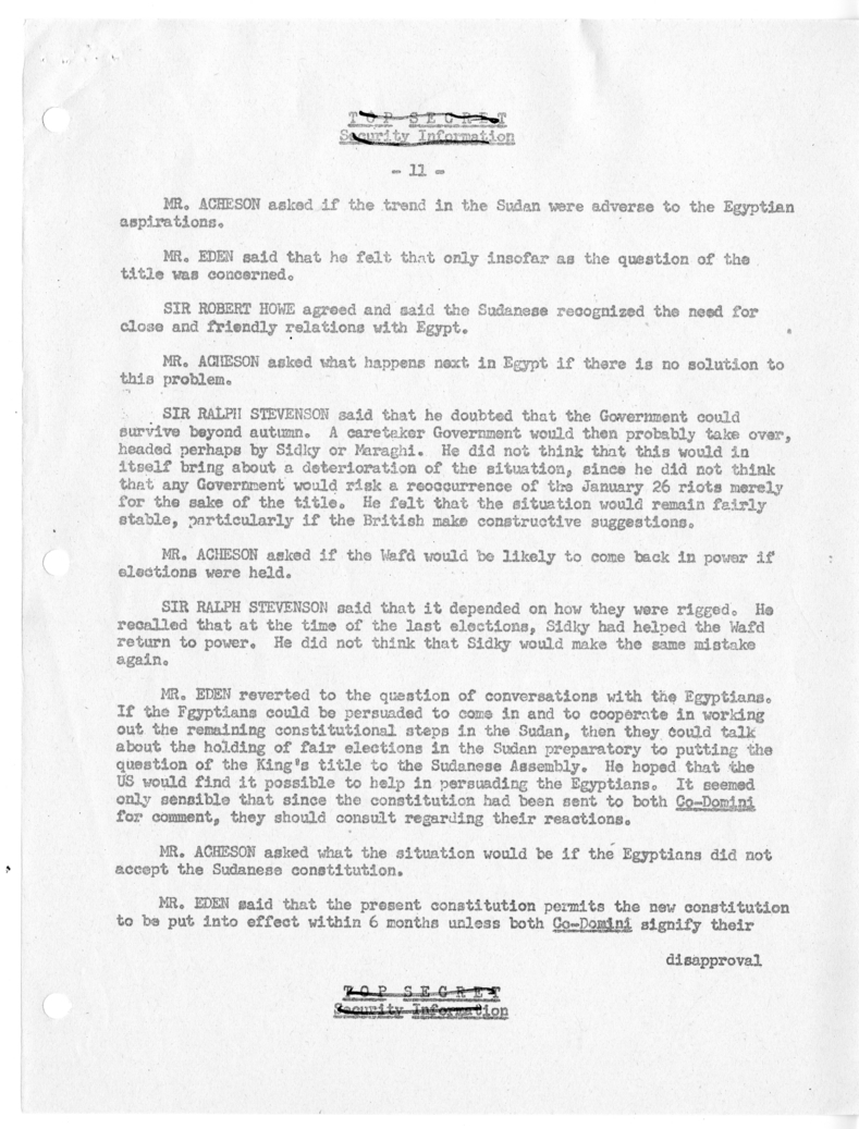Memorandum of Ministerial Talks with Foreign Secretary Anthony Eden of the United Kingdom, Ambassador Sir Oliver Franks of Great Britain, United States Ambassador to Great Britain Walter Gifford, and Others