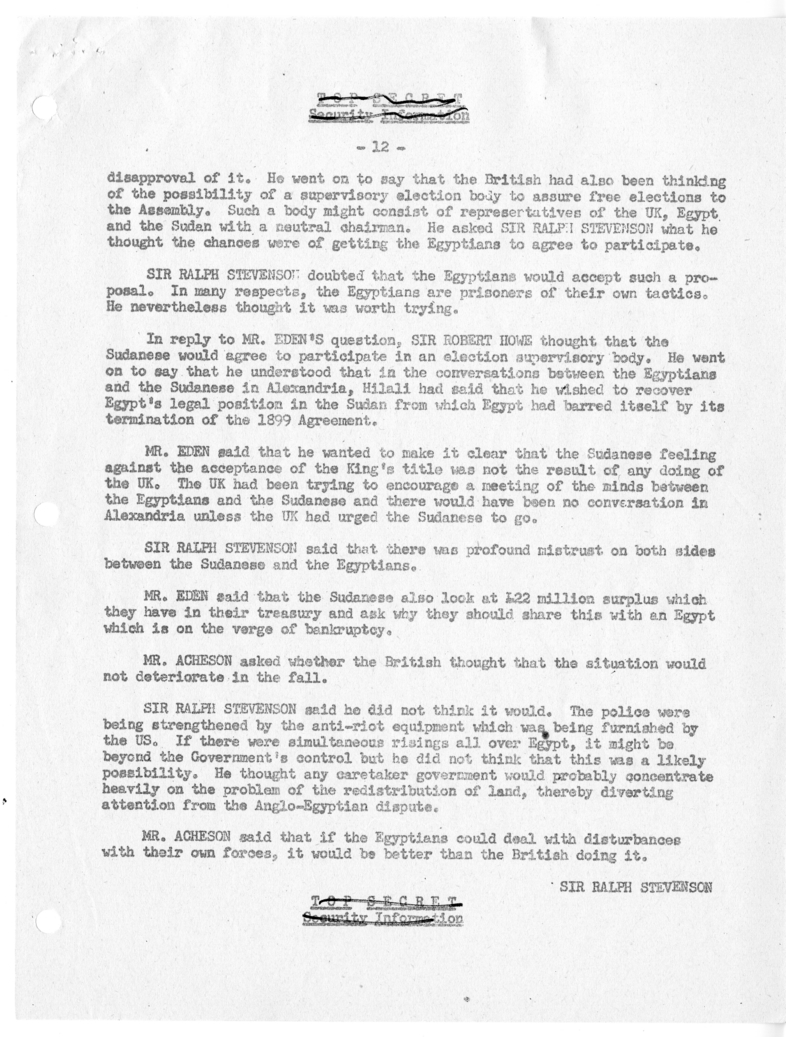 Memorandum of Ministerial Talks with Foreign Secretary Anthony Eden of the United Kingdom, Ambassador Sir Oliver Franks of Great Britain, United States Ambassador to Great Britain Walter Gifford, and Others