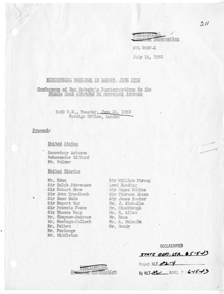 Memorandum of Ministerial Talks with Foreign Secretary Anthony Eden of the United Kingdom, Sir William Strang, United States Ambassador to Great Britain Walter Gifford, Dwight Palmer, and Others