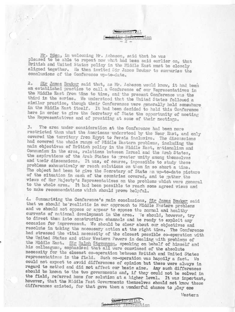 Memorandum of Ministerial Talks with Foreign Secretary Anthony Eden of the United Kingdom, Sir William Strang, United States Ambassador to Great Britain Walter Gifford, Dwight Palmer, and Others