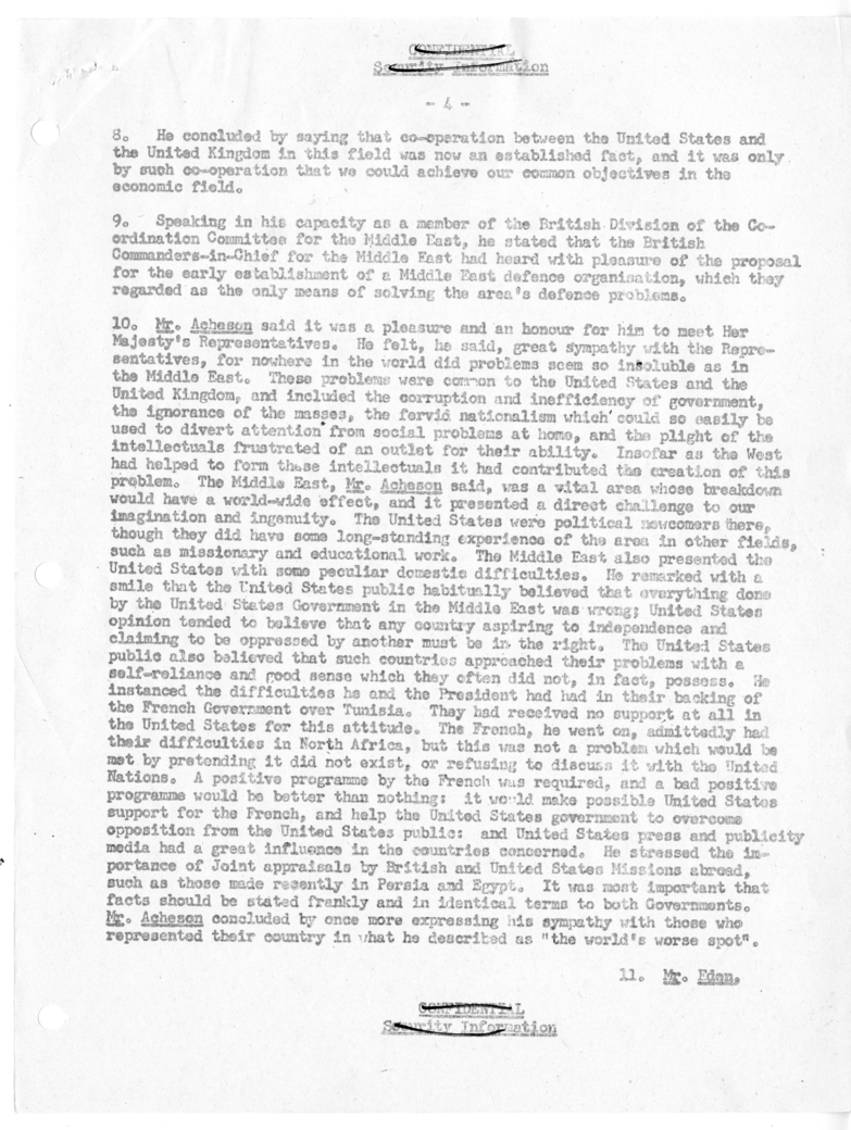 Memorandum of Ministerial Talks with Foreign Secretary Anthony Eden of the United Kingdom, Sir William Strang, United States Ambassador to Great Britain Walter Gifford, Dwight Palmer, and Others