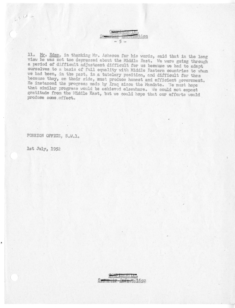 Memorandum of Ministerial Talks with Foreign Secretary Anthony Eden of the United Kingdom, Sir William Strang, United States Ambassador to Great Britain Walter Gifford, Dwight Palmer, and Others