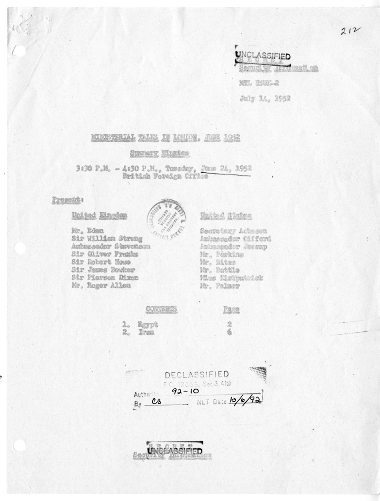 Memorandum of Ministerial Talks with Foreign Secretary Anthony Eden of the United Kingdom, Ambassador Sir Oliver Franks of Great Britain, United States Ambassador to Great Britain Walter Gifford, and Others