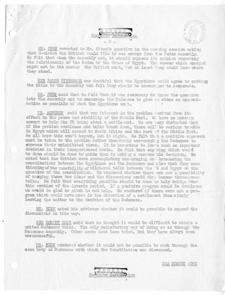 Memorandum of Ministerial Talks with Foreign Secretary Anthony Eden of the United Kingdom, Ambassador Sir Oliver Franks of Great Britain, United States Ambassador to Great Britain Walter Gifford, and Others