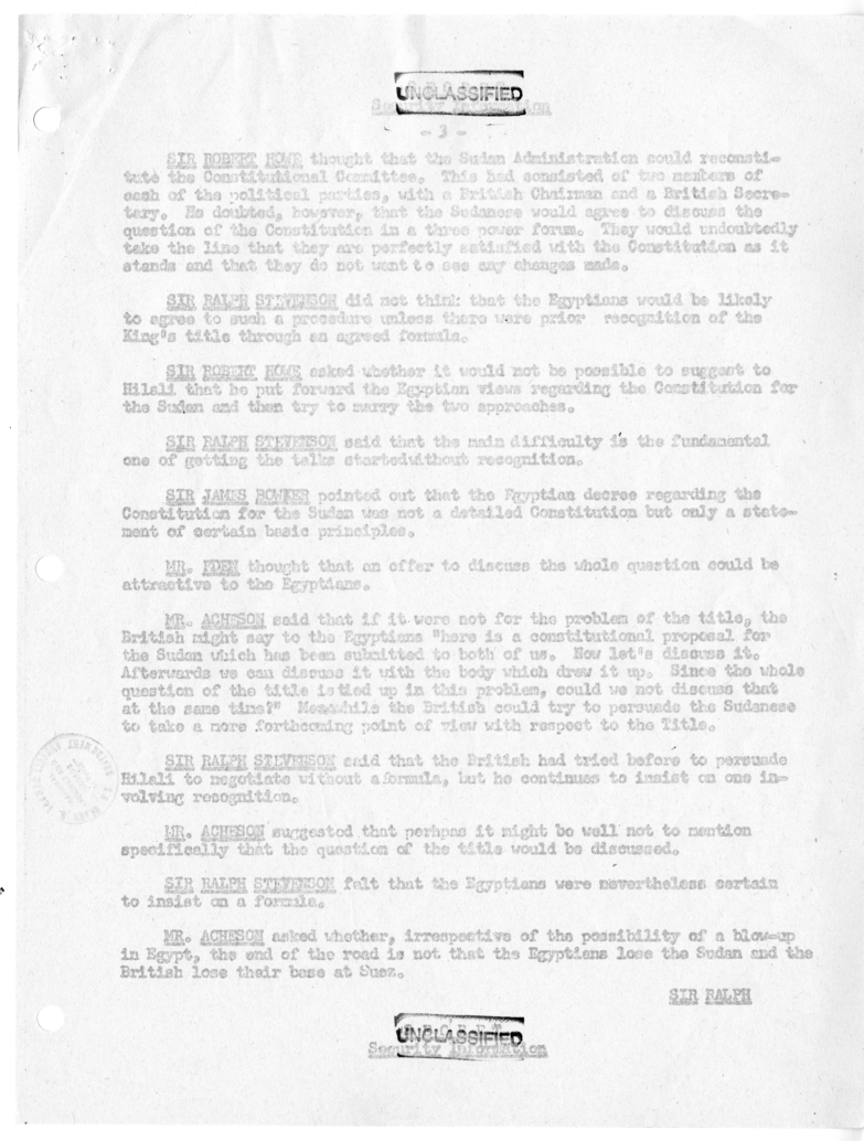 Memorandum of Ministerial Talks with Foreign Secretary Anthony Eden of the United Kingdom, Ambassador Sir Oliver Franks of Great Britain, United States Ambassador to Great Britain Walter Gifford, and Others