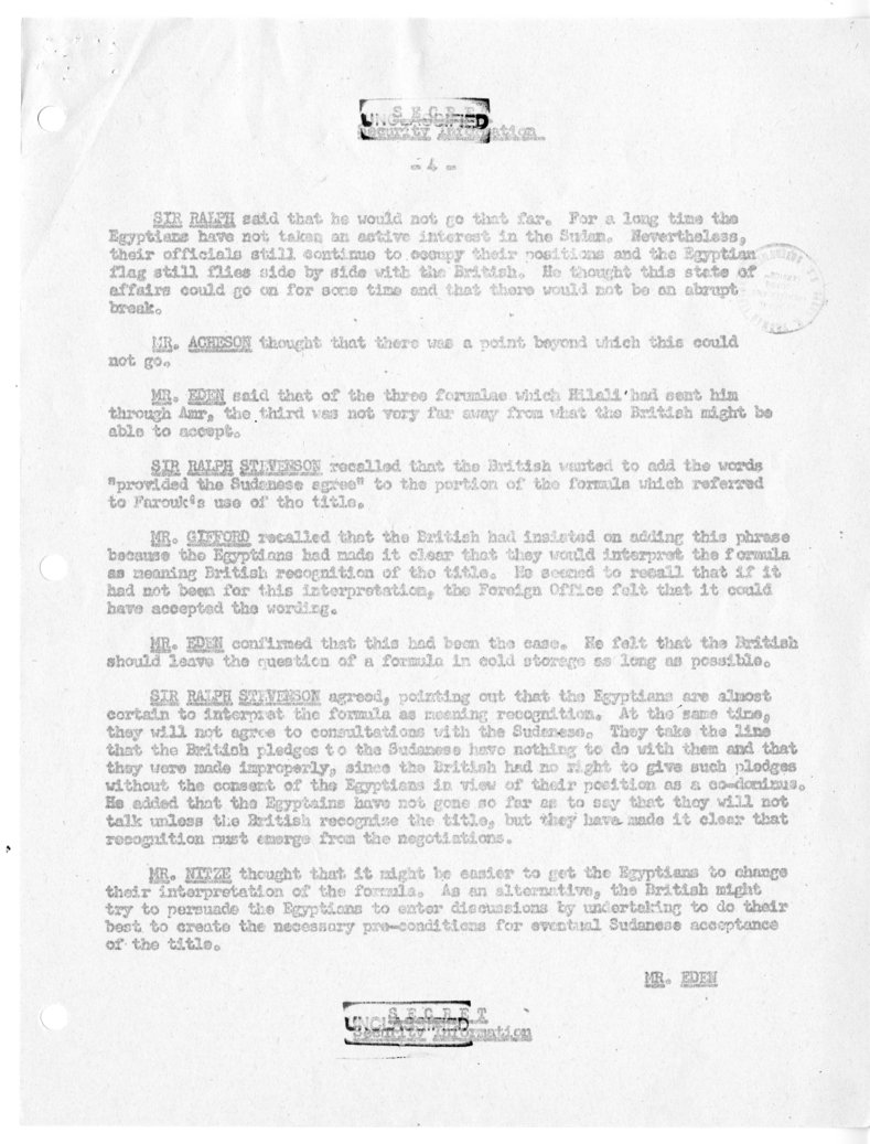 Memorandum of Ministerial Talks with Foreign Secretary Anthony Eden of the United Kingdom, Ambassador Sir Oliver Franks of Great Britain, United States Ambassador to Great Britain Walter Gifford, and Others