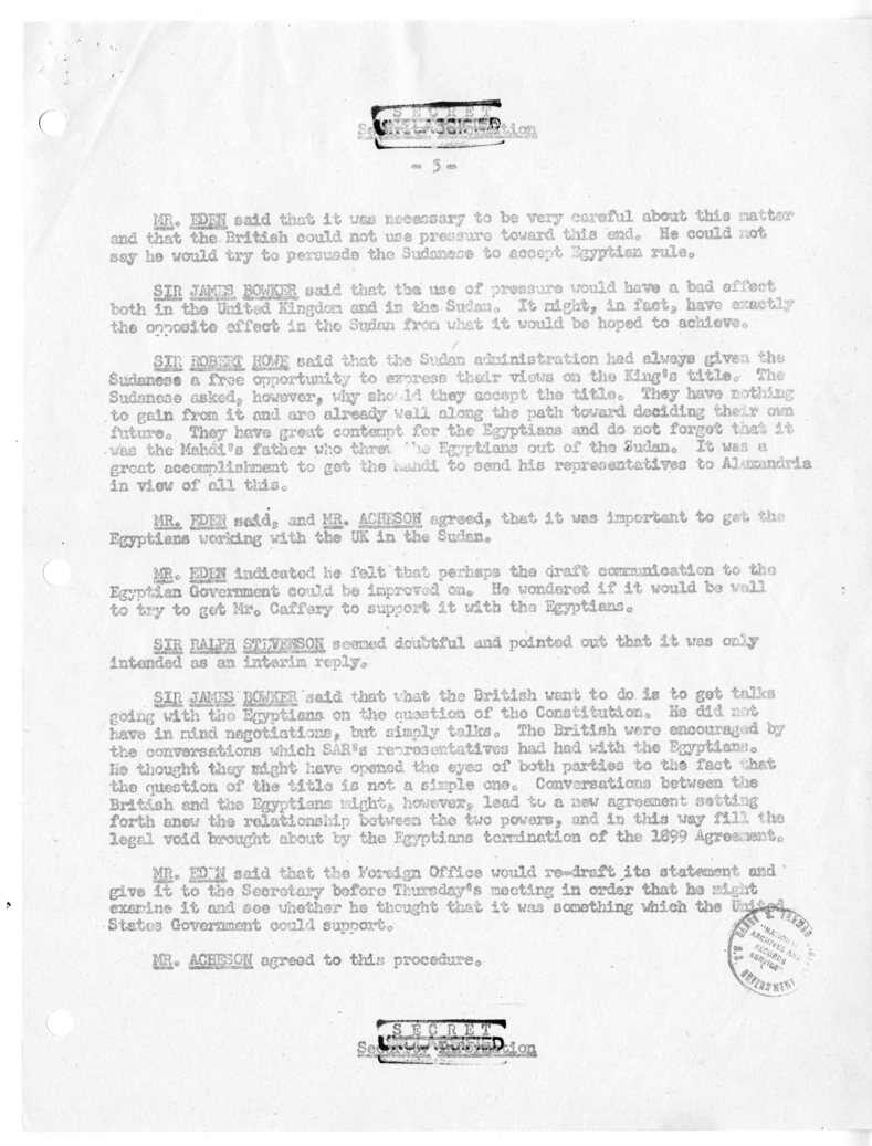 Memorandum of Ministerial Talks with Foreign Secretary Anthony Eden of the United Kingdom, Ambassador Sir Oliver Franks of Great Britain, United States Ambassador to Great Britain Walter Gifford, and Others