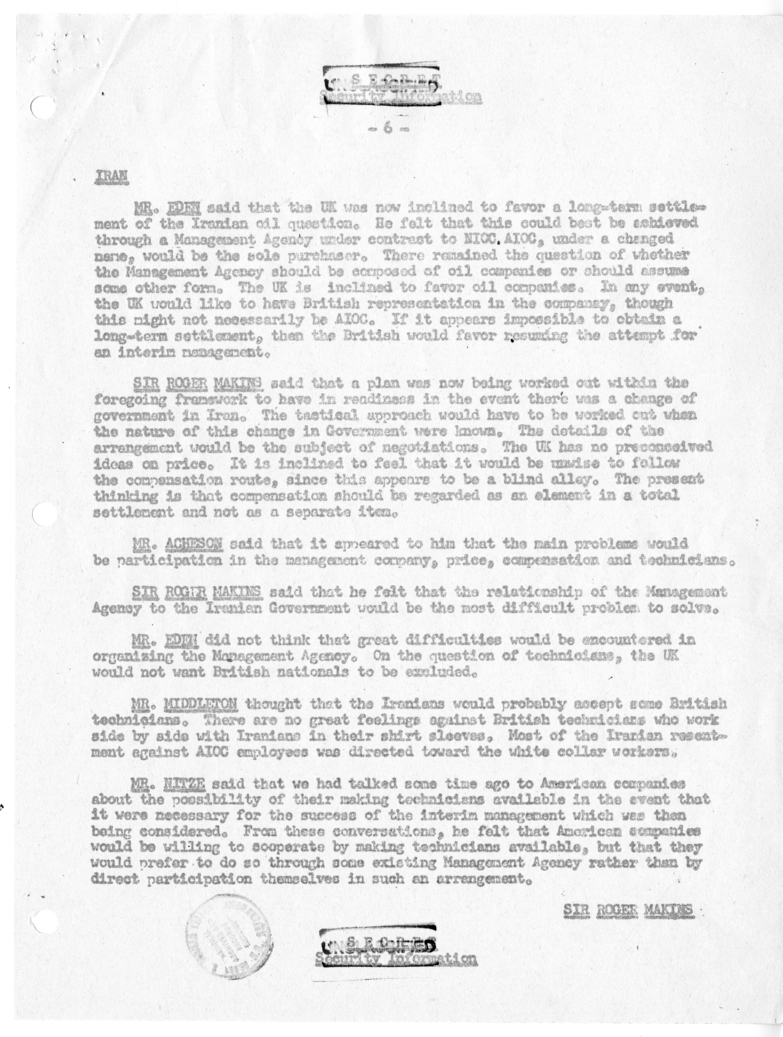 Memorandum of Ministerial Talks with Foreign Secretary Anthony Eden of the United Kingdom, Ambassador Sir Oliver Franks of Great Britain, United States Ambassador to Great Britain Walter Gifford, and Others