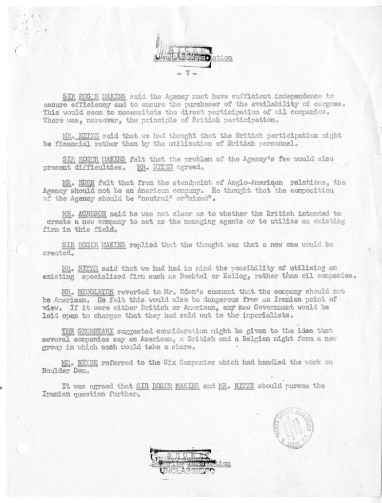 Memorandum of Ministerial Talks with Foreign Secretary Anthony Eden of the United Kingdom, Ambassador Sir Oliver Franks of Great Britain, United States Ambassador to Great Britain Walter Gifford, and Others