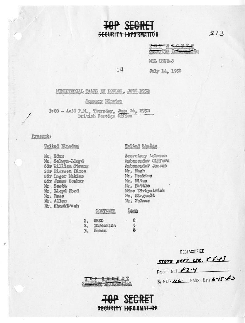 Memorandum of Ministerial Talks with Foreign Secretary Anthony Eden of the United Kingdom, Sir William Strang, United States Ambassador to Great Britain Walter Gifford, and Others
