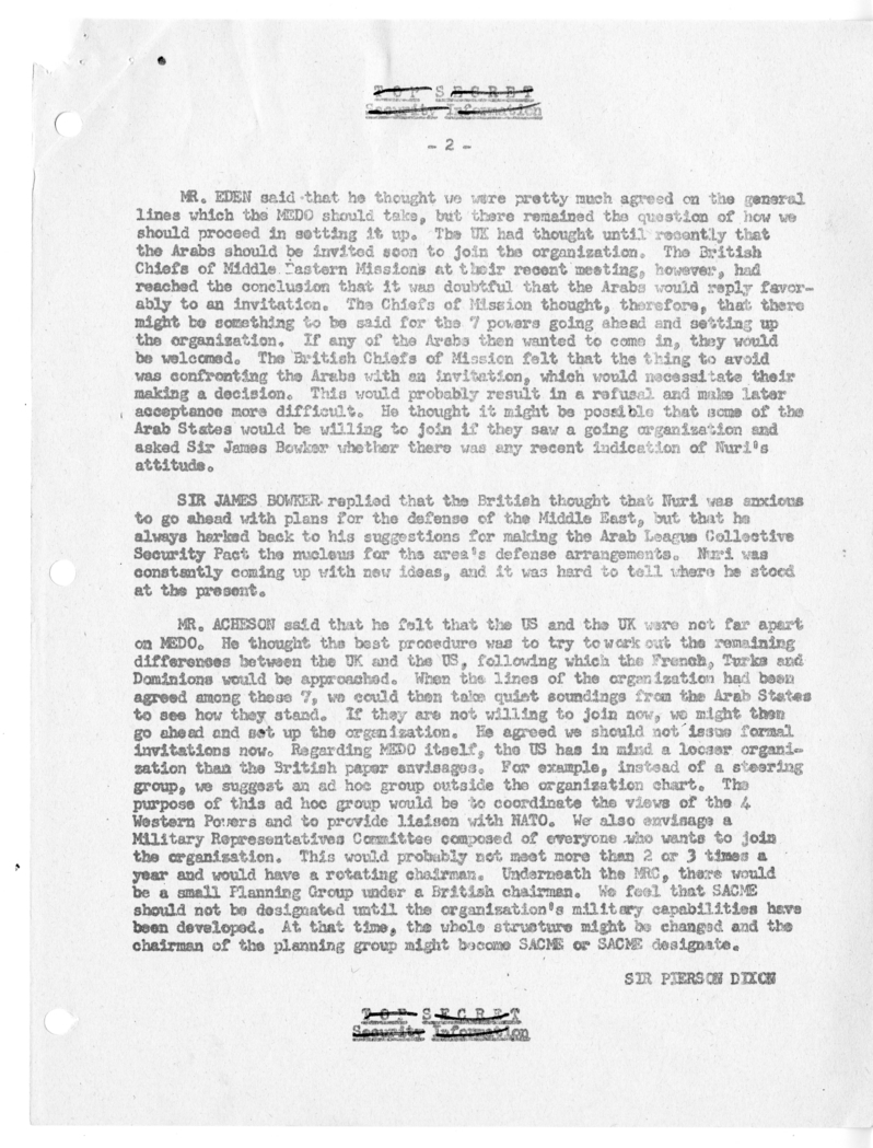 Memorandum of Ministerial Talks with Foreign Secretary Anthony Eden of the United Kingdom, Sir William Strang, United States Ambassador to Great Britain Walter Gifford, and Others