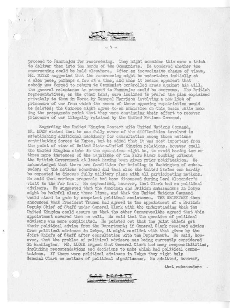 Memorandum of Ministerial Talks with Foreign Secretary Anthony Eden of the United Kingdom, Sir William Strang, United States Ambassador to Great Britain Walter Gifford, and Others