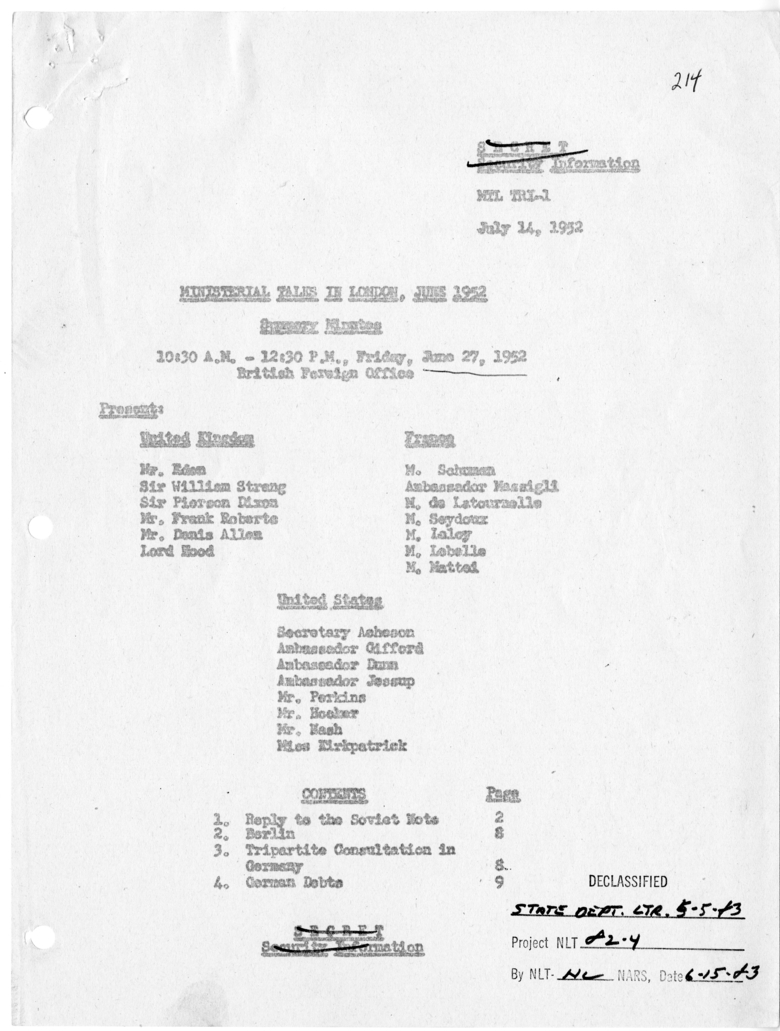 Memorandum of Ministerial Talks with Foreign Secretary Anthony Eden of the United Kingdom, Sir William Strang, Foreign Secretary of France Robert Schuman, Ambassador of France to the United Kingdom Rene Massigli, United States Ambassador to Great Britain 