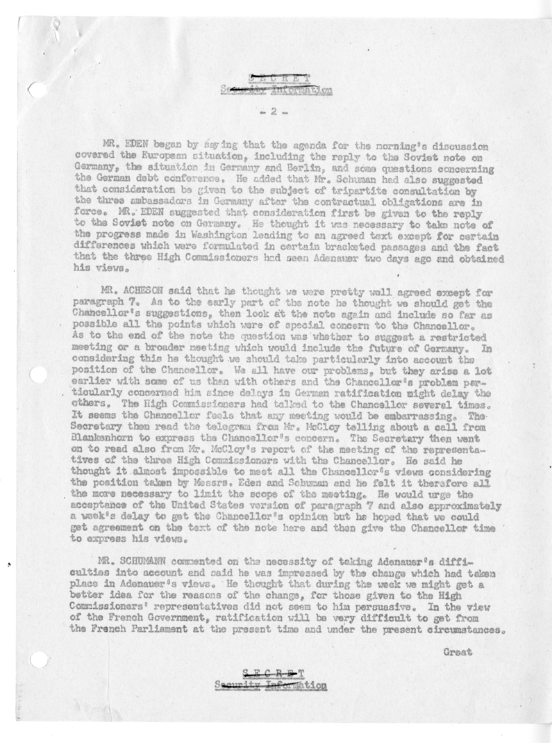 Memorandum of Ministerial Talks with Foreign Secretary Anthony Eden of the United Kingdom, Sir William Strang, Foreign Secretary of France Robert Schuman, Ambassador of France to the United Kingdom Rene Massigli, United States Ambassador to Great Britain 