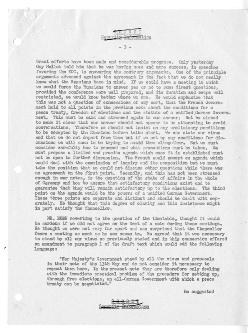 Memorandum of Ministerial Talks with Foreign Secretary Anthony Eden of the United Kingdom, Sir William Strang, Foreign Secretary of France Robert Schuman, Ambassador of France to the United Kingdom Rene Massigli, United States Ambassador to Great Britain 