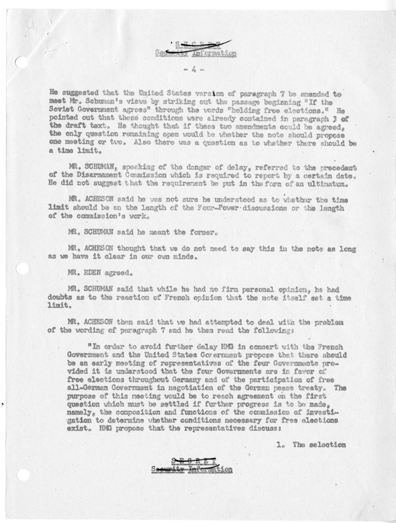 Memorandum of Ministerial Talks with Foreign Secretary Anthony Eden of the United Kingdom, Sir William Strang, Foreign Secretary of France Robert Schuman, Ambassador of France to the United Kingdom Rene Massigli, United States Ambassador to Great Britain 