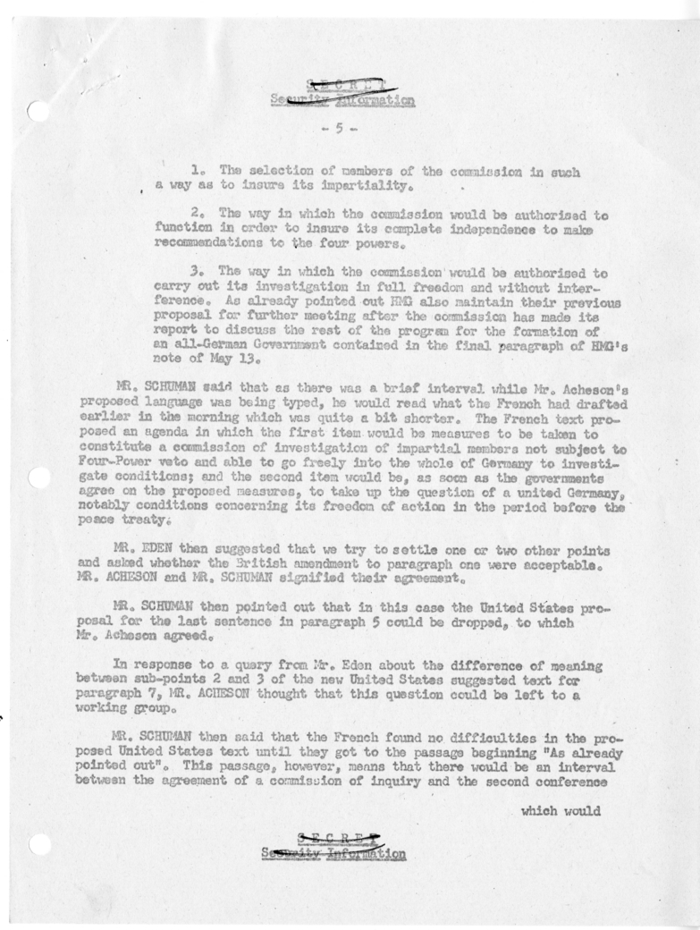 Memorandum of Ministerial Talks with Foreign Secretary Anthony Eden of the United Kingdom, Sir William Strang, Foreign Secretary of France Robert Schuman, Ambassador of France to the United Kingdom Rene Massigli, United States Ambassador to Great Britain 