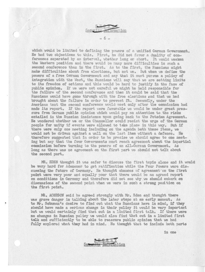 Memorandum of Ministerial Talks with Foreign Secretary Anthony Eden of the United Kingdom, Sir William Strang, Foreign Secretary of France Robert Schuman, Ambassador of France to the United Kingdom Rene Massigli, United States Ambassador to Great Britain 