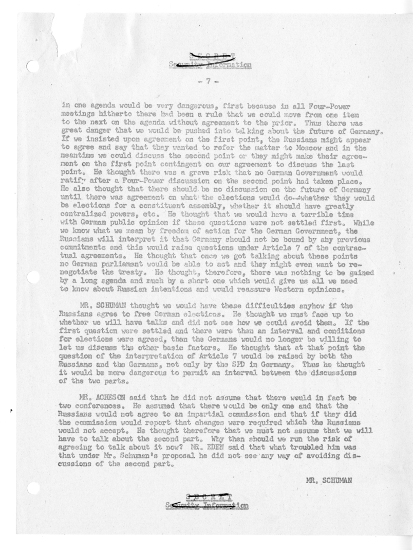 Memorandum of Ministerial Talks with Foreign Secretary Anthony Eden of the United Kingdom, Sir William Strang, Foreign Secretary of France Robert Schuman, Ambassador of France to the United Kingdom Rene Massigli, United States Ambassador to Great Britain 