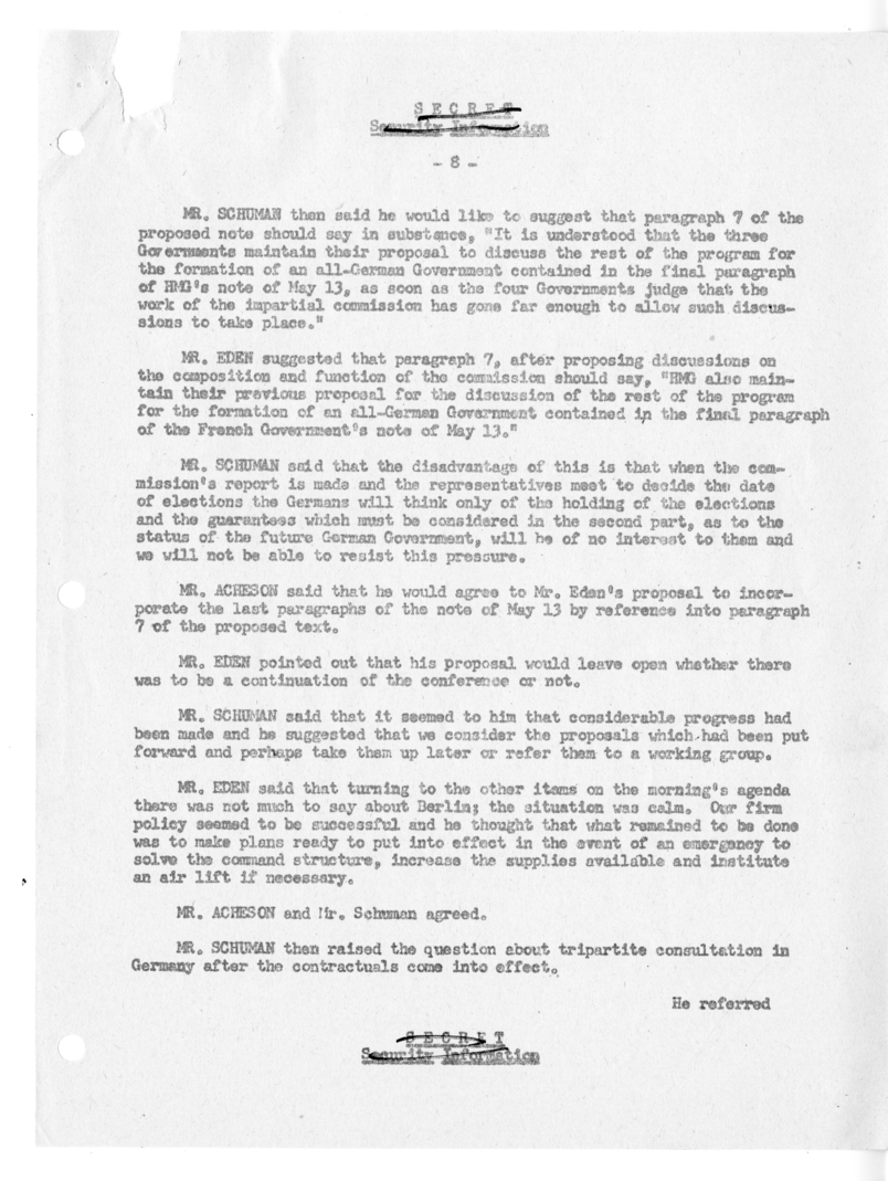 Memorandum of Ministerial Talks with Foreign Secretary Anthony Eden of the United Kingdom, Sir William Strang, Foreign Secretary of France Robert Schuman, Ambassador of France to the United Kingdom Rene Massigli, United States Ambassador to Great Britain 