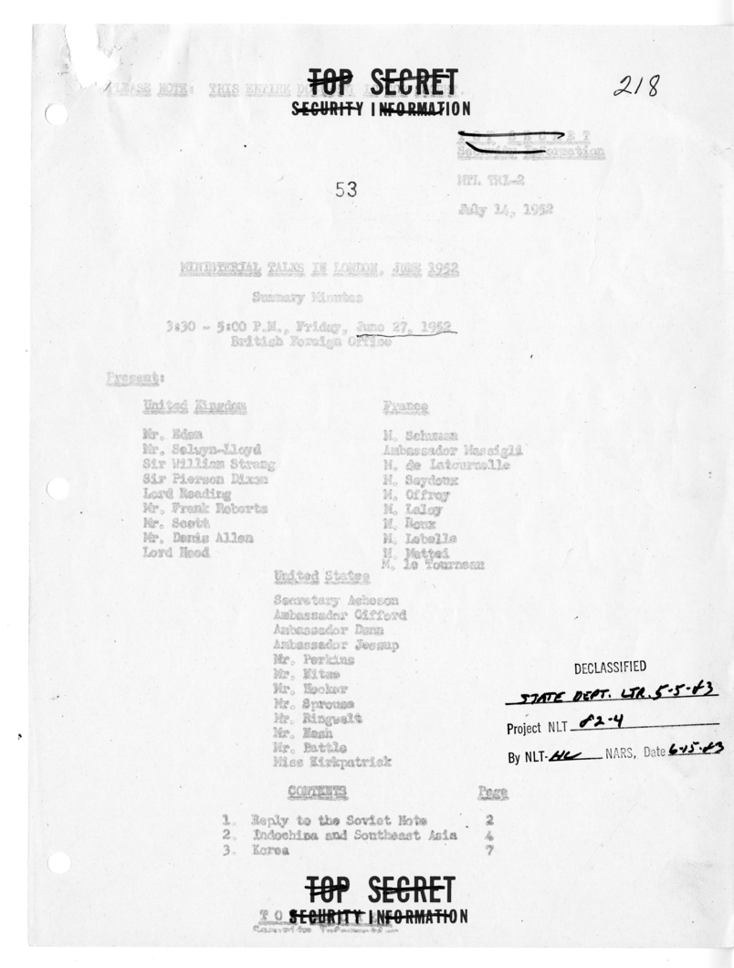 Memorandum of Ministerial Talks with Foreign Secretary Anthony Eden of the United Kingdom, Sir William Strang, Foreign Secretary of France Robert Schuman, Ambassador of France to the United Kingdom Rene Massigli, United States Ambassador to Great Britain 