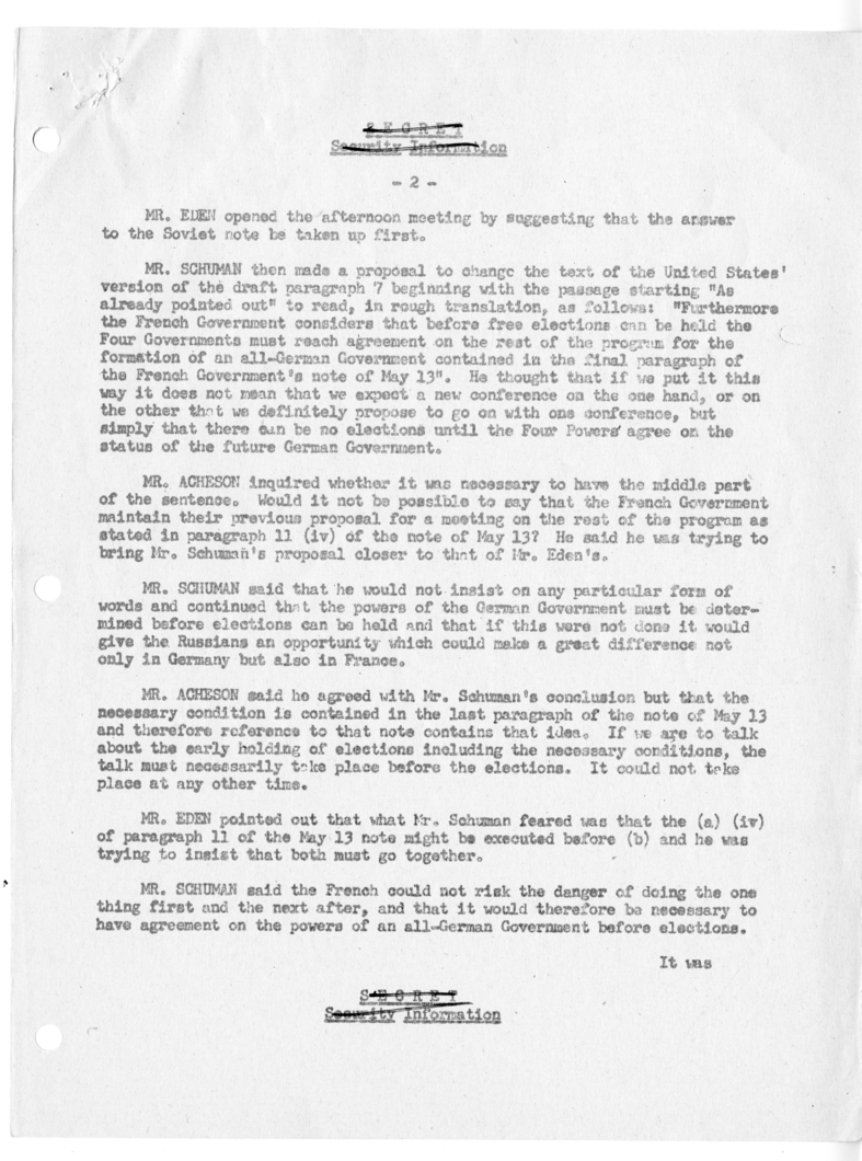 Memorandum of Ministerial Talks with Foreign Secretary Anthony Eden of the United Kingdom, Sir William Strang, Foreign Secretary of France Robert Schuman, Ambassador of France to the United Kingdom Rene Massigli, United States Ambassador to Great Britain 
