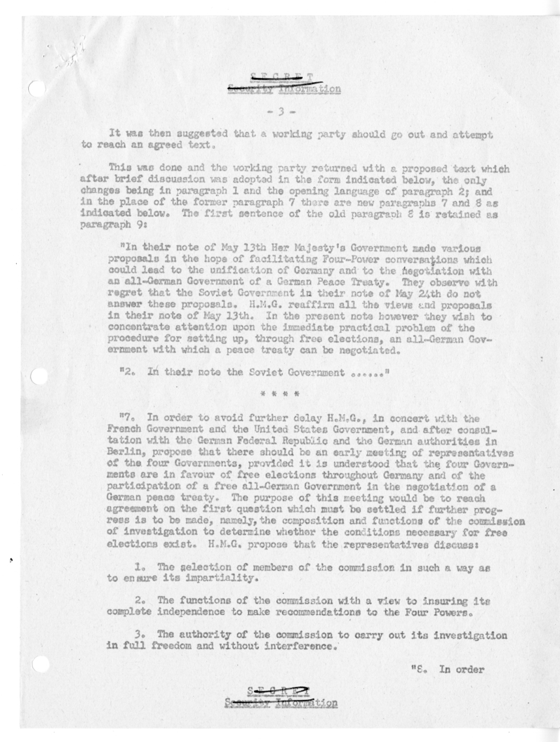 Memorandum of Ministerial Talks with Foreign Secretary Anthony Eden of the United Kingdom, Sir William Strang, Foreign Secretary of France Robert Schuman, Ambassador of France to the United Kingdom Rene Massigli, United States Ambassador to Great Britain 