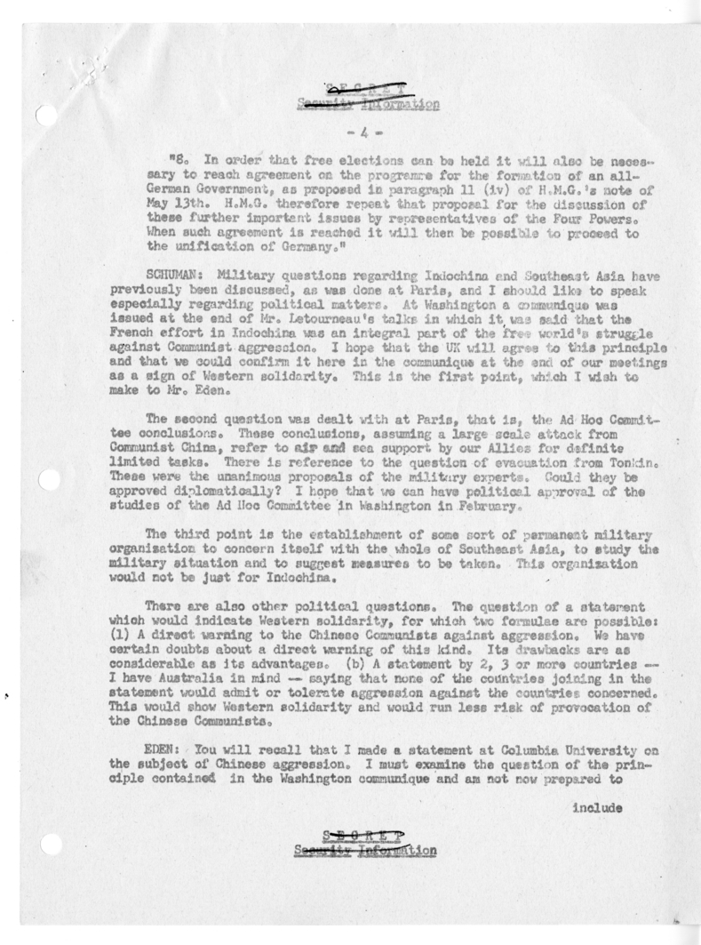 Memorandum of Ministerial Talks with Foreign Secretary Anthony Eden of the United Kingdom, Sir William Strang, Foreign Secretary of France Robert Schuman, Ambassador of France to the United Kingdom Rene Massigli, United States Ambassador to Great Britain 