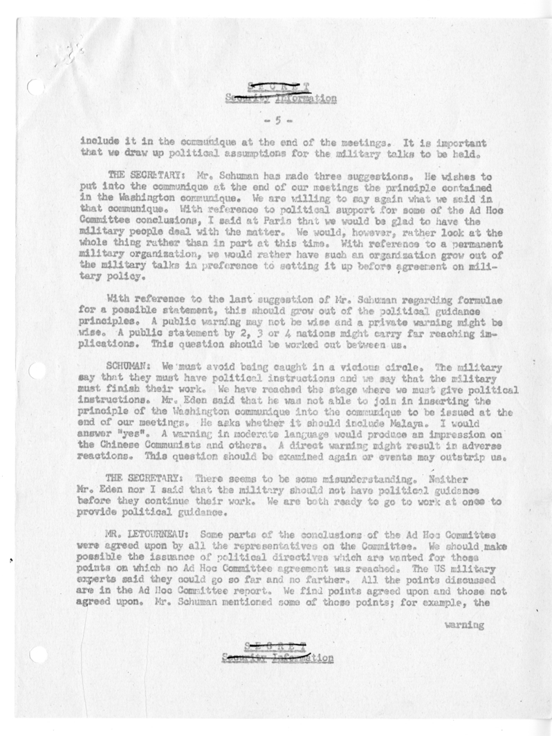Memorandum of Ministerial Talks with Foreign Secretary Anthony Eden of the United Kingdom, Sir William Strang, Foreign Secretary of France Robert Schuman, Ambassador of France to the United Kingdom Rene Massigli, United States Ambassador to Great Britain 