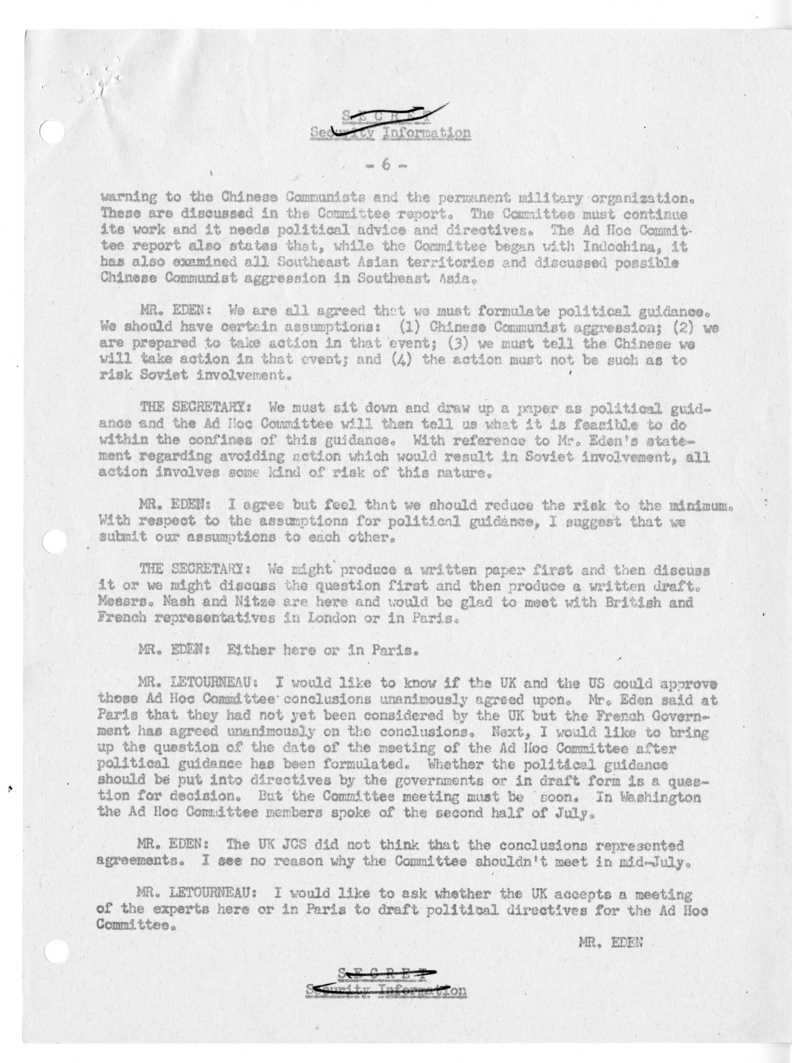 Memorandum of Ministerial Talks with Foreign Secretary Anthony Eden of the United Kingdom, Sir William Strang, Foreign Secretary of France Robert Schuman, Ambassador of France to the United Kingdom Rene Massigli, United States Ambassador to Great Britain 