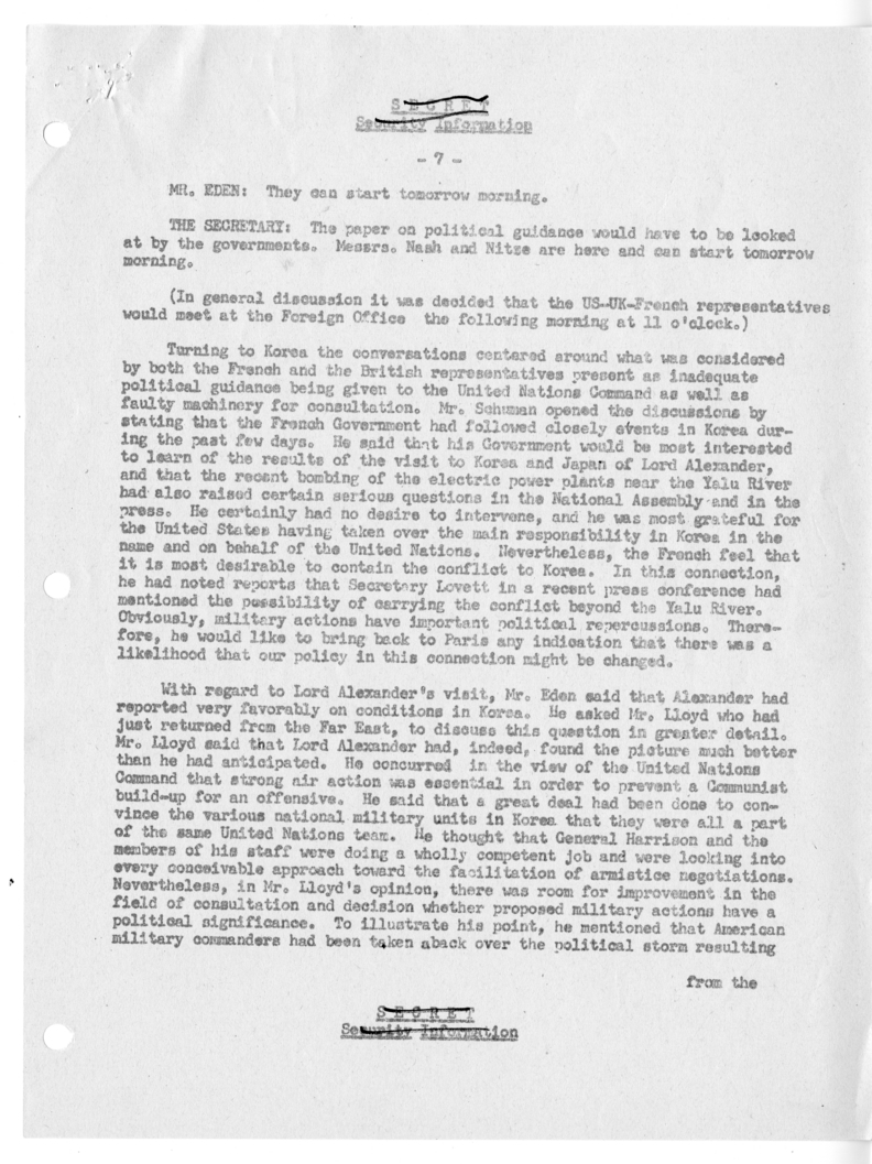 Memorandum of Ministerial Talks with Foreign Secretary Anthony Eden of the United Kingdom, Sir William Strang, Foreign Secretary of France Robert Schuman, Ambassador of France to the United Kingdom Rene Massigli, United States Ambassador to Great Britain 