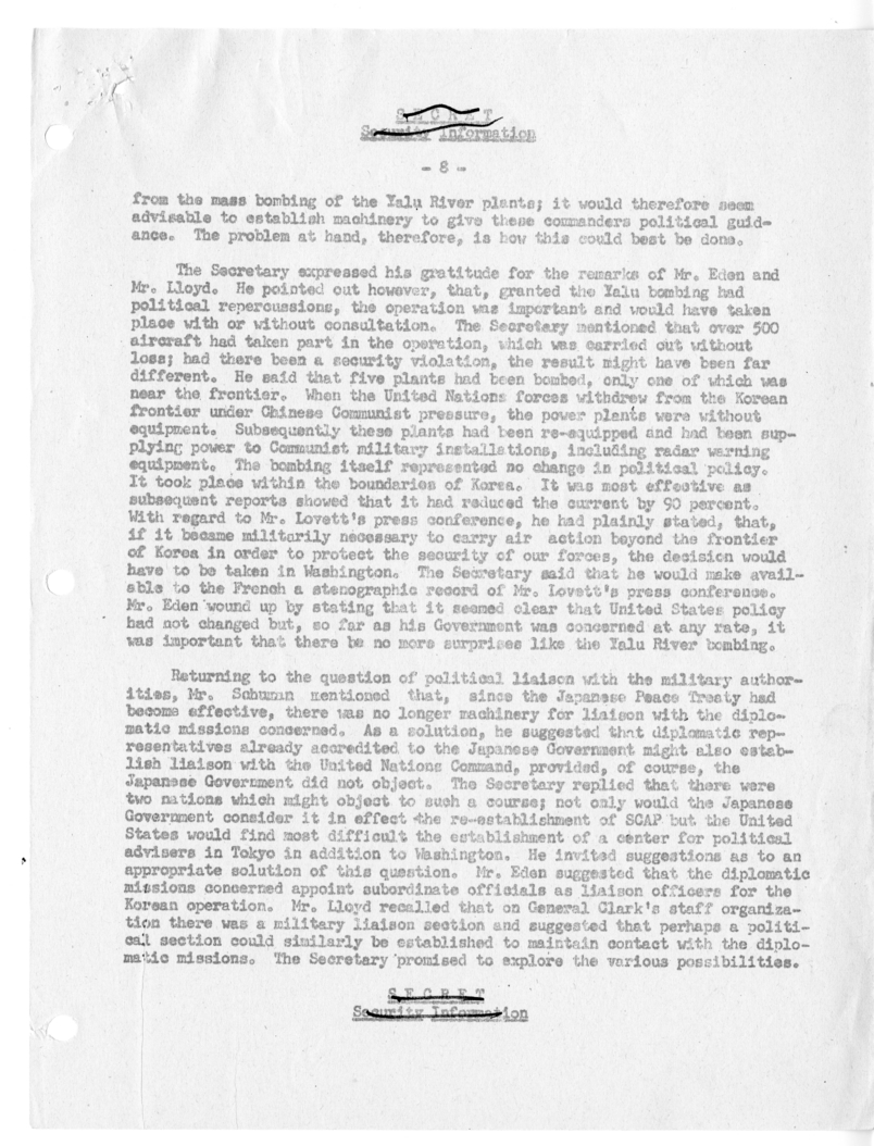 Memorandum of Ministerial Talks with Foreign Secretary Anthony Eden of the United Kingdom, Sir William Strang, Foreign Secretary of France Robert Schuman, Ambassador of France to the United Kingdom Rene Massigli, United States Ambassador to Great Britain 