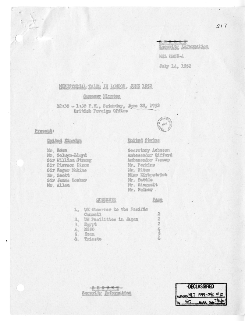 Memorandum of Ministerial Talks with Foreign Secretary Anthony Eden of the United Kingdom, Sir William Strang, United States Ambassador to Great Britain Walter Gifford, Philip Jessup, George W. Perkins, and Others