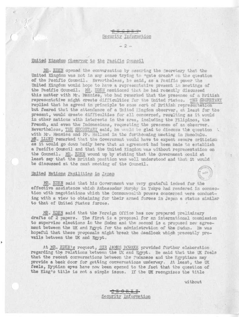 Memorandum of Ministerial Talks with Foreign Secretary Anthony Eden of the United Kingdom, Sir William Strang, United States Ambassador to Great Britain Walter Gifford, Philip Jessup, George W. Perkins, and Others