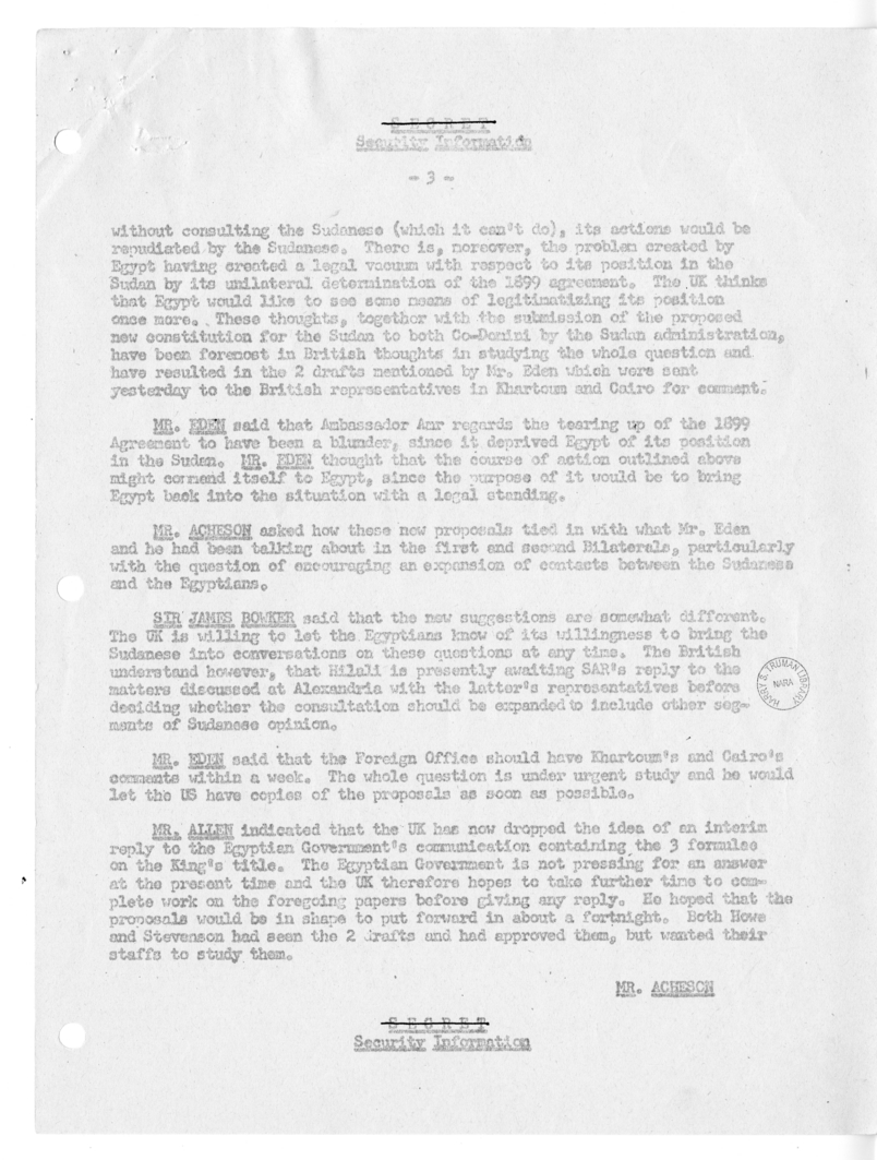 Memorandum of Ministerial Talks with Foreign Secretary Anthony Eden of the United Kingdom, Sir William Strang, United States Ambassador to Great Britain Walter Gifford, Philip Jessup, George W. Perkins, and Others