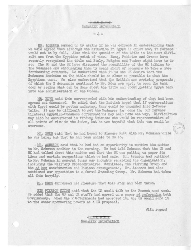 Memorandum of Ministerial Talks with Foreign Secretary Anthony Eden of the United Kingdom, Sir William Strang, United States Ambassador to Great Britain Walter Gifford, Philip Jessup, George W. Perkins, and Others