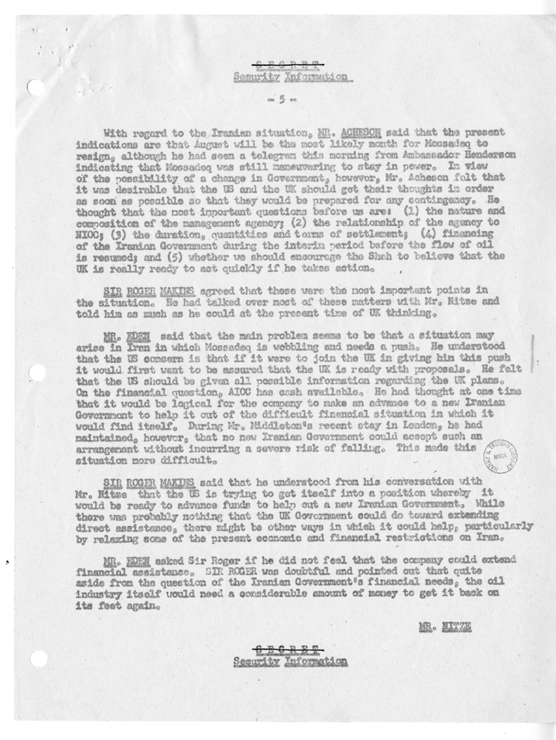 Memorandum of Ministerial Talks with Foreign Secretary Anthony Eden of the United Kingdom, Sir William Strang, United States Ambassador to Great Britain Walter Gifford, Philip Jessup, George W. Perkins, and Others