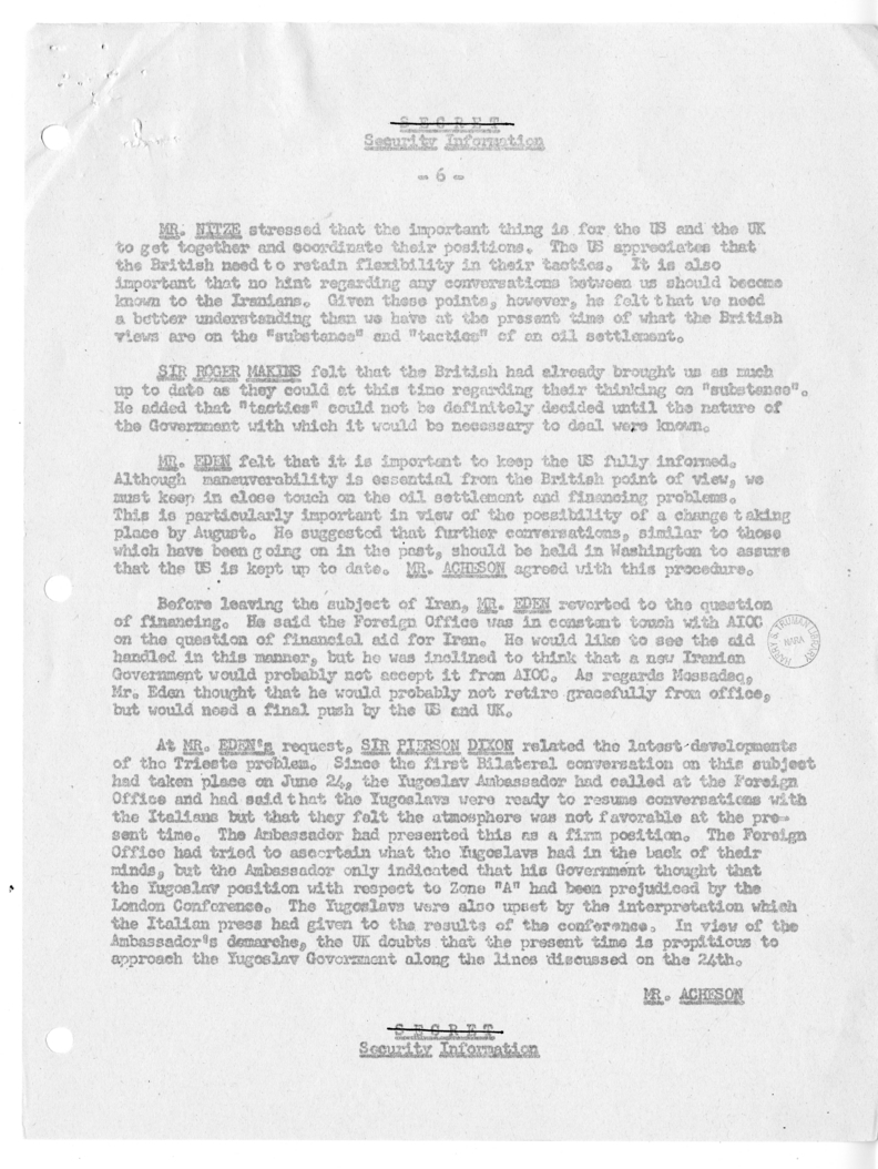Memorandum of Ministerial Talks with Foreign Secretary Anthony Eden of the United Kingdom, Sir William Strang, United States Ambassador to Great Britain Walter Gifford, Philip Jessup, George W. Perkins, and Others