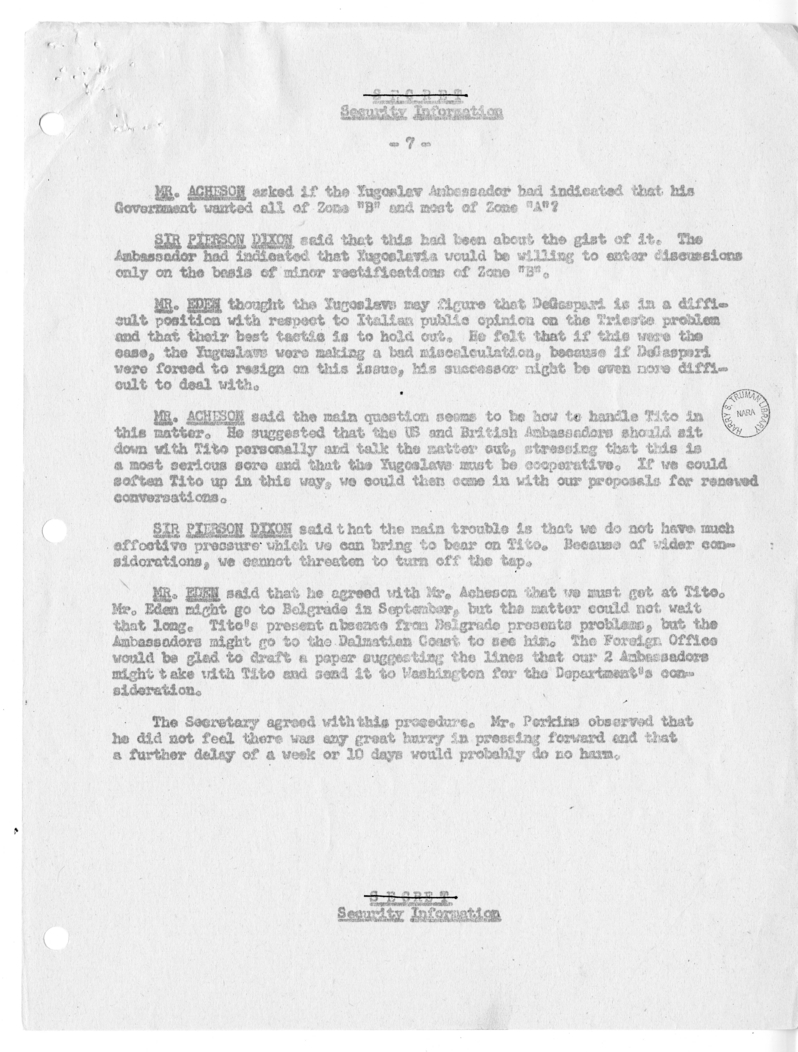 Memorandum of Ministerial Talks with Foreign Secretary Anthony Eden of the United Kingdom, Sir William Strang, United States Ambassador to Great Britain Walter Gifford, Philip Jessup, George W. Perkins, and Others
