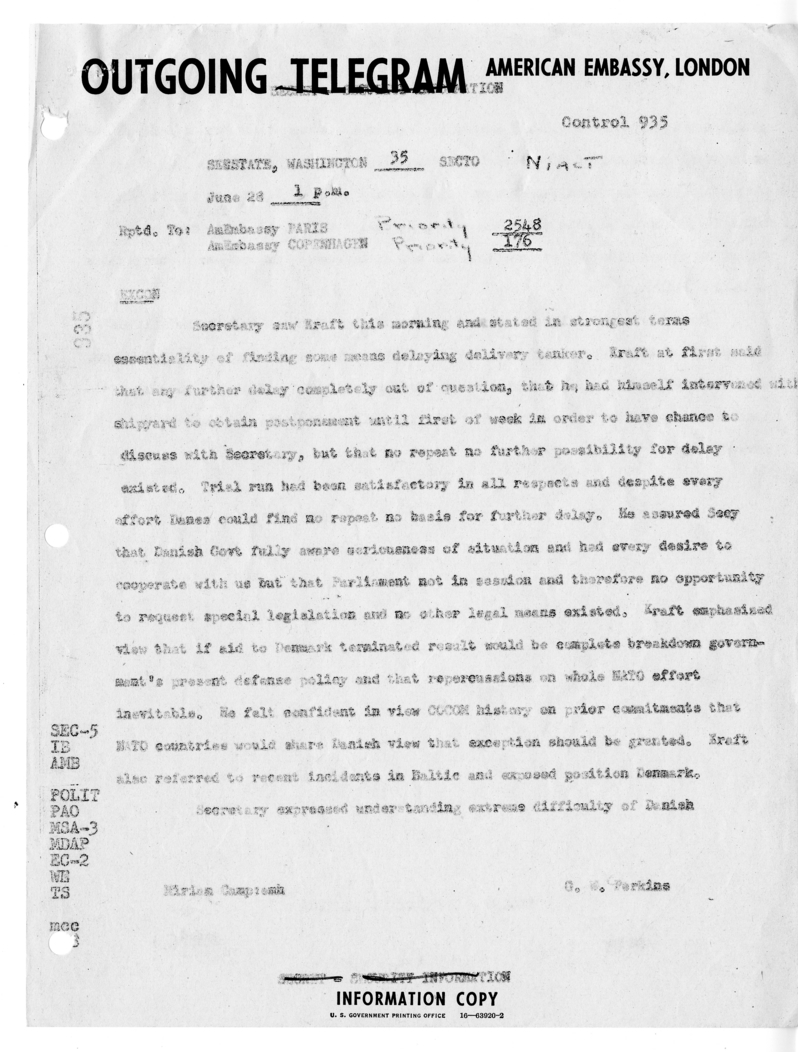 Memorandum of Ministerial Talks with Foreign Minister Ole Bjorn Kraft of Denmark and George W. Perkins