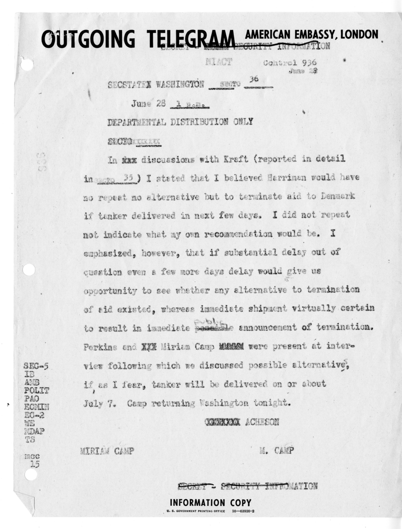 Memorandum of Ministerial Talks with Foreign Minister Ole Bjorn Kraft of Denmark and George W. Perkins