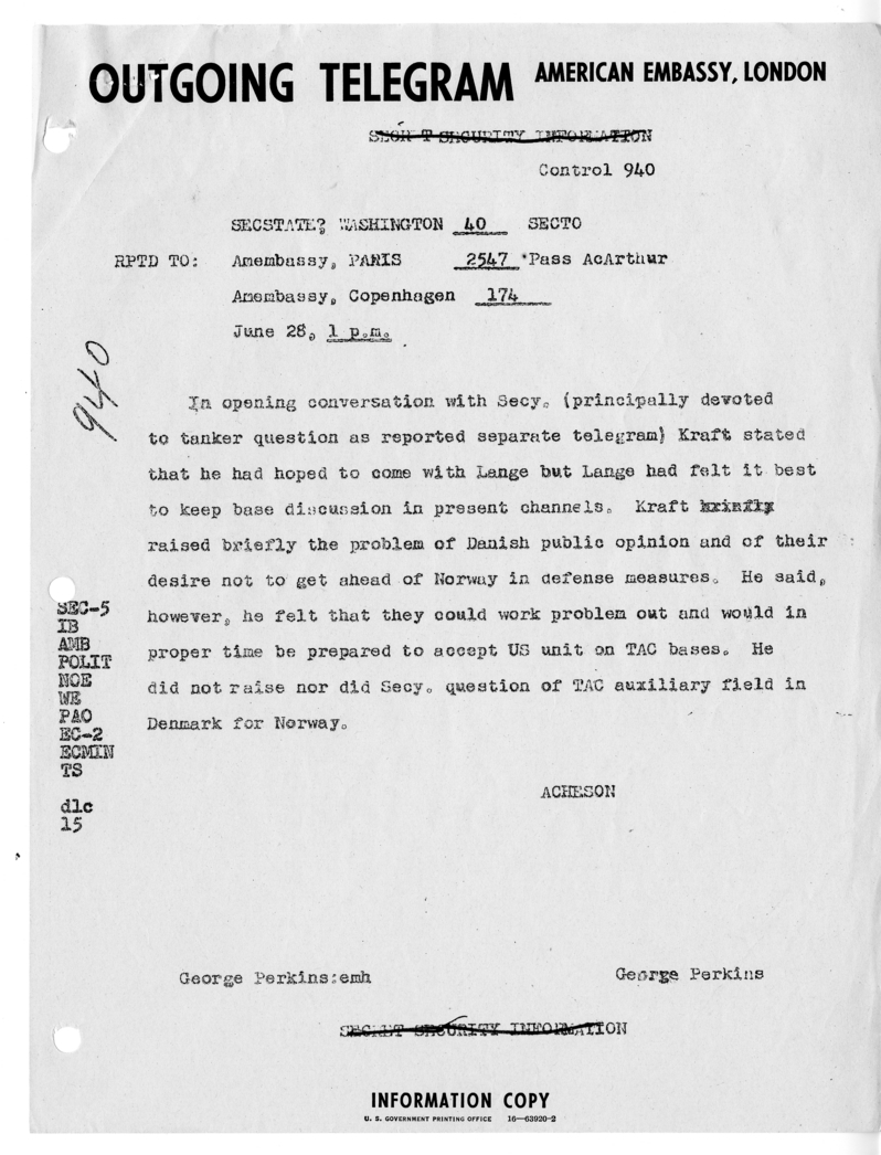 Memorandum of Ministerial Talks with Foreign Minister Ole Bjorn Kraft of Denmark and George W. Perkins
