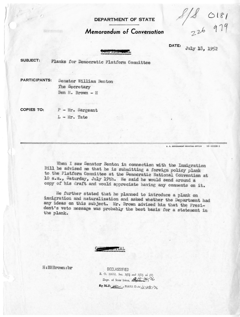 Memorandum of Conversation with Senator William Benton and Ben Hill Brown