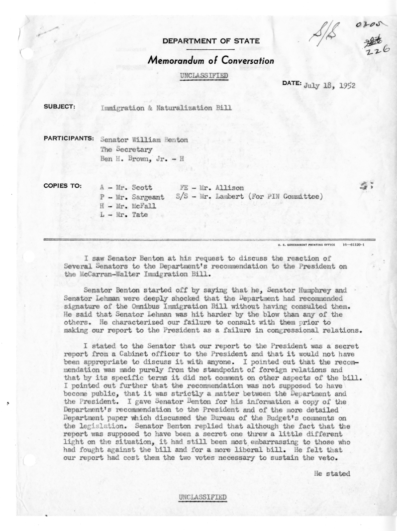 Memorandum of Conversation with Senator William Benton and Ben Hill Brown