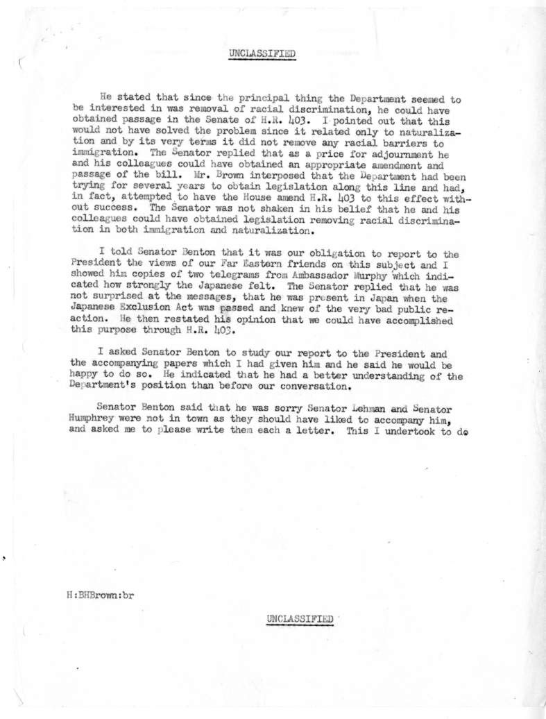 Memorandum of Conversation with Senator William Benton and Ben Hill Brown
