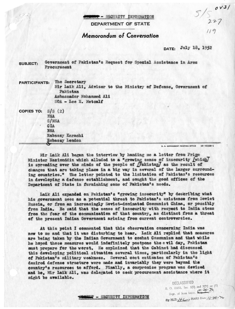 Memorandum of Conversation with Mir Laik Ali, Adviser to the Ministery of Defense, Government of Pakistan; Ambassador Mohammd Ali of Pakistan; and Lee E. Metcalf